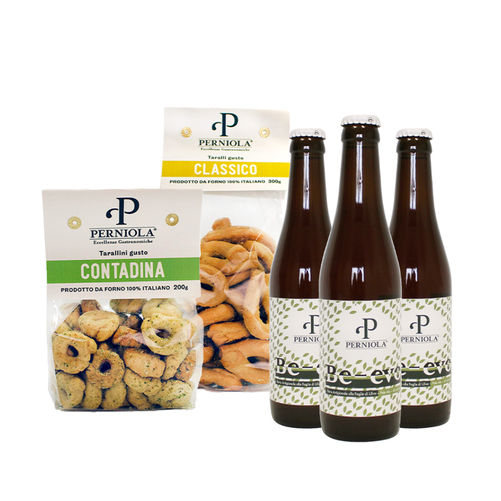 AperiKit Small con 3 Birre Artigianali Foglia d’Ulivo da 33cl + 200g di Tarallini alla Contadina + 300g Taralli Classici