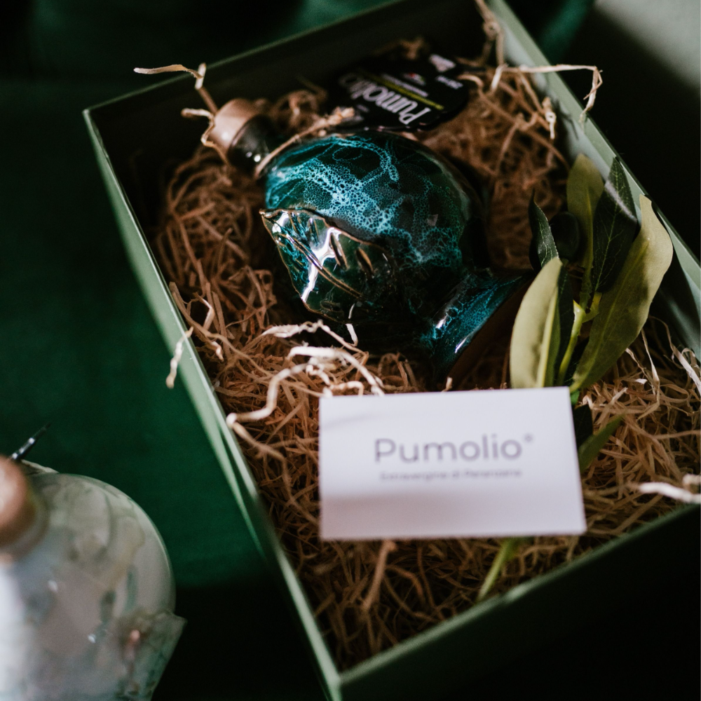 Olio EVO Monocultivar Peranzana con Oliera in Ceramica Pumo fatta a mano in Puglia - 350ml - Campagna di Raccolta 2025/2026