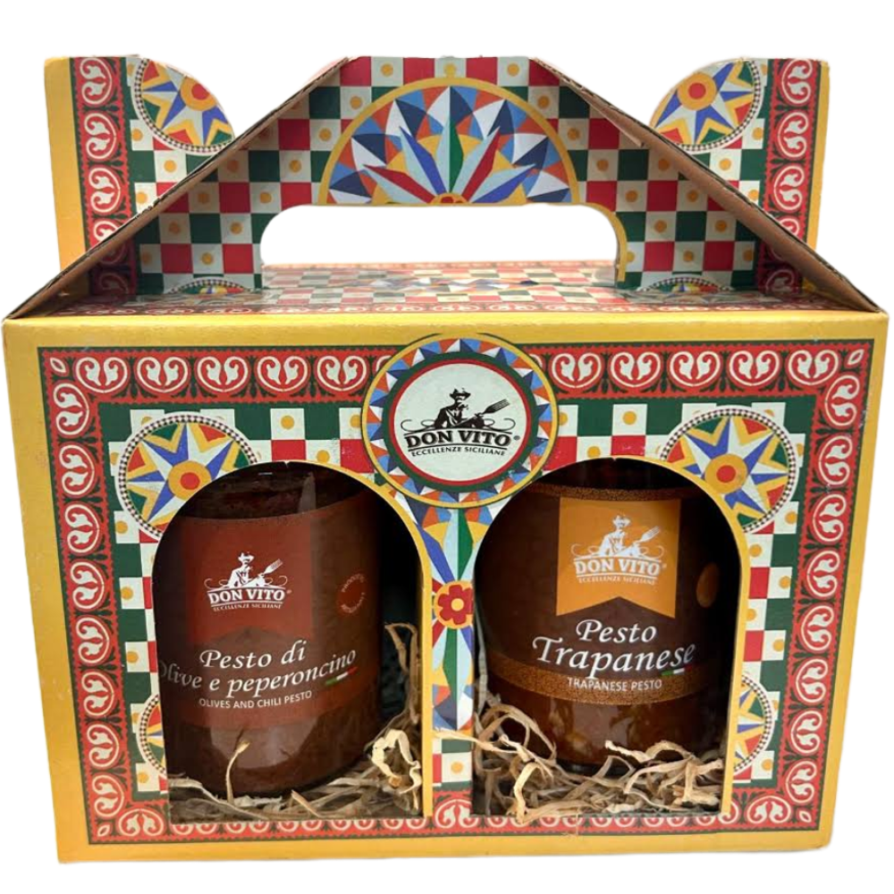 Confezione Regalo Degustazione con Pesto Trapanese e Pesto Olive e Peperoncino - 2 Barattoli da 200g