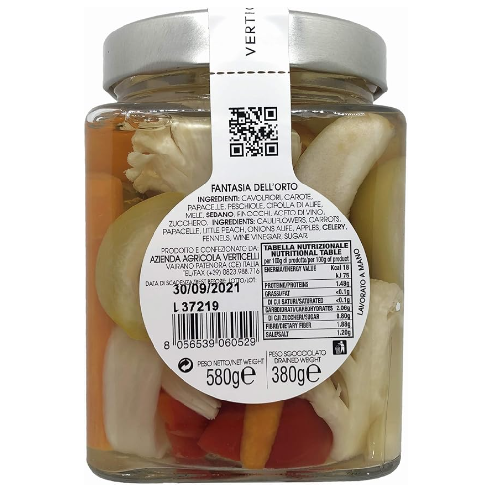 Giardiniera in Agrodolce con Cavolfiori, Carote, Papacella Napoletana, Peschiole Acerbe, Cipolla di Alife, Mele, Sedano, Finocchi - 580g o 1,7Kg