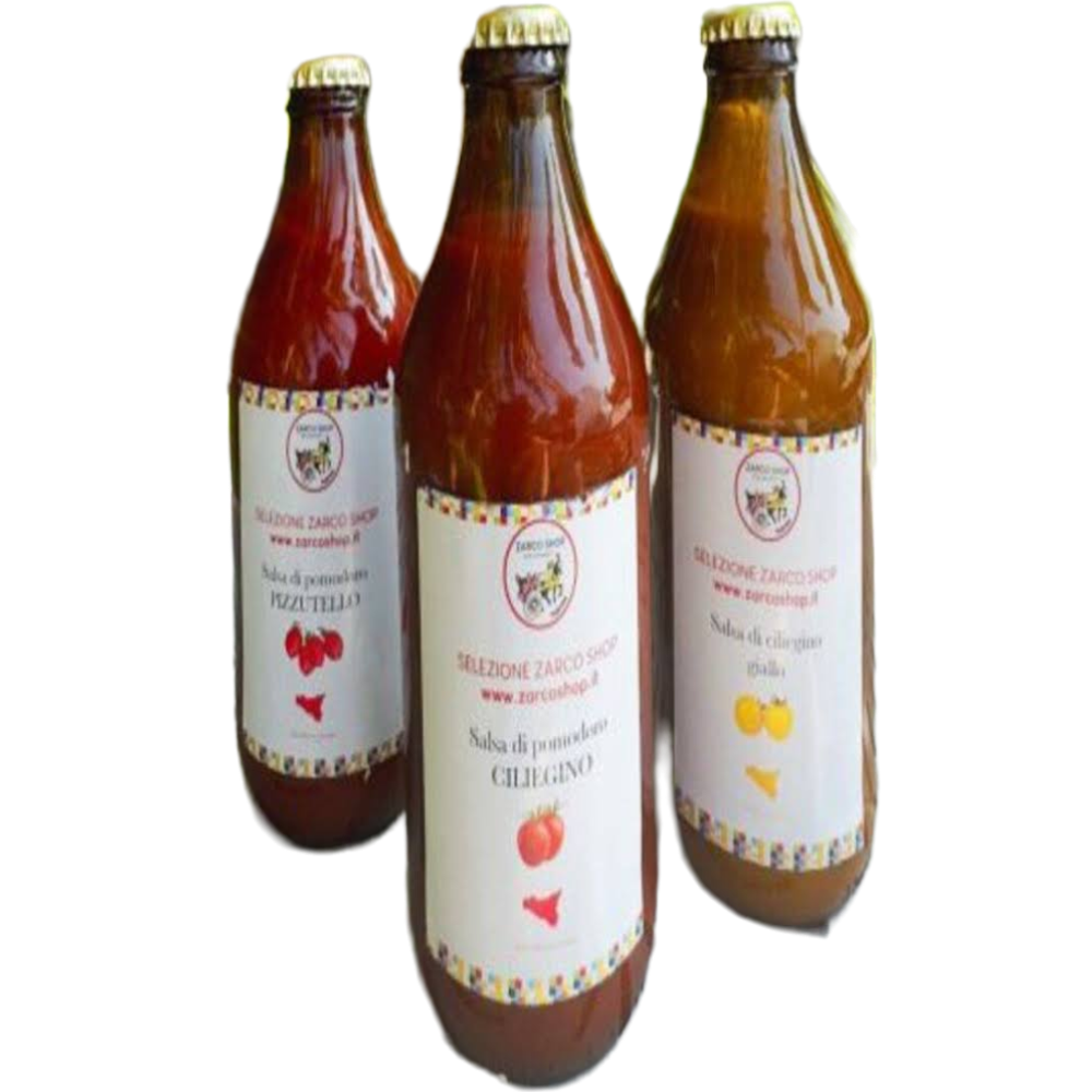 Tris di Salsa Pronta Siciliana: Salsa di Ciliegino Giallo, Ciliegino Rosso e Pomodoro Pizzutello Siciliano - 3 Pezzi da 33cl