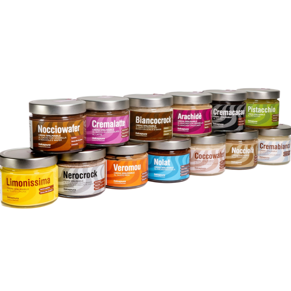 Mix 13 Creme Spalmabili Artigianali - Cacao, Cioccolato al Latte, Cacao con Granella di Nocciola e Wafer, Nocciola, Cioccolato Bianco con scaglie di Cocco e Wafer, Cioccolato Bianco con Frollini al Cacao, Gusto Mou, al Limone, ai Pistacchi Tostati, Cioccolato Bianco, Cioccolato Bianco e Wafer, alle Arachidi con Granella di Arachidi, Cacao e Nocciola