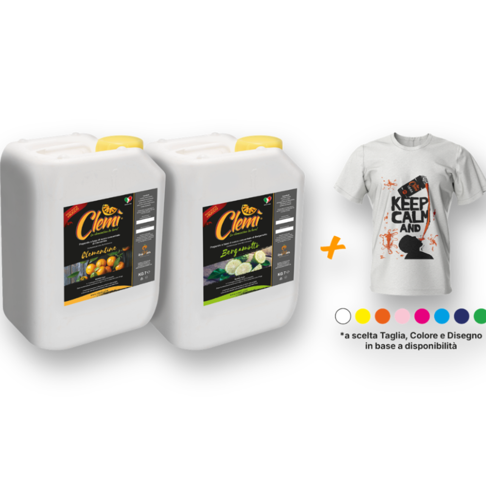Clemì Succo Concentrato - 2 Taniche da 7Kg gusto Clementine e Bergamotto + T-Shirt