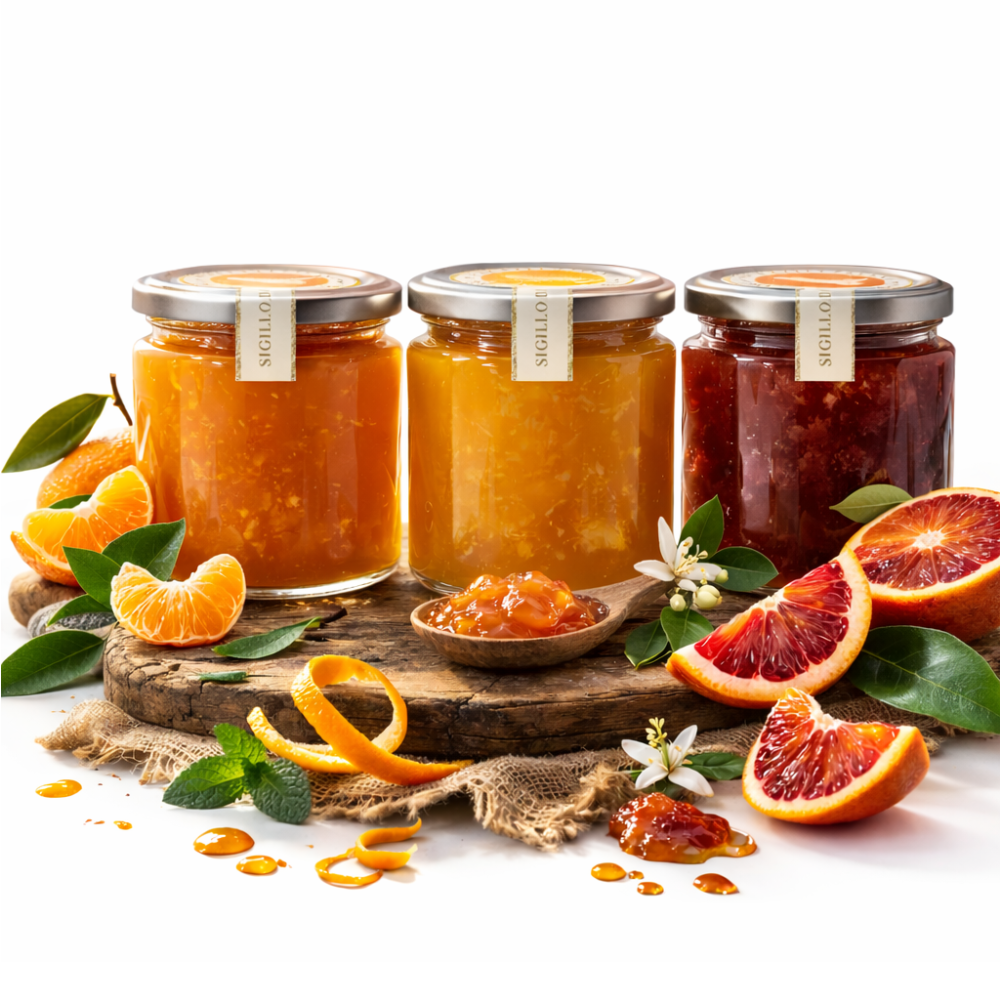 Tris di Marmellate Siciliane di Marmellata di Arance Rosse Tarocco, di Mandarini e di Arance Bionde (3 Vasetti da 220g)