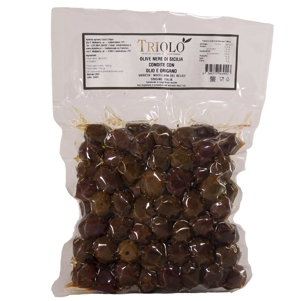 Olive Nere “Nocellara del Belice” Condite con Origano e Olio (Sottovuoto) - 500g