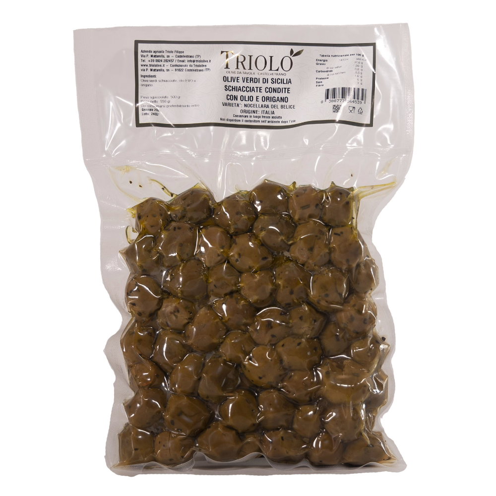 Olive Verdi “Nocellara del Belice” Schiacciate Condite con Origano e Olio (Sottovuoto) - 500g