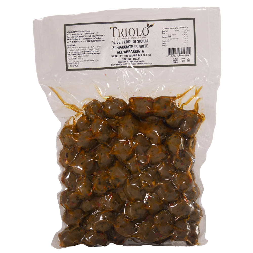 Olive Verdi “Nocellara del Belice” Schiacciate Condite all’Arrabbiata (Sottovuoto) - 500g