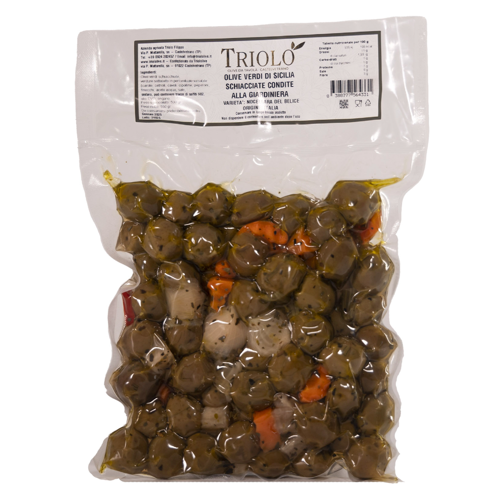 Olive Verdi “Nocellara del Belice” Schiacciate Condite alla Giardiniera (Sottovuoto) - 500g
