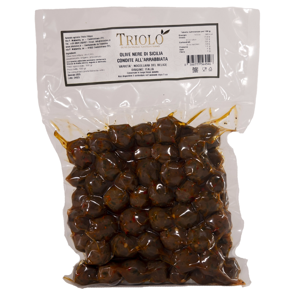 Olive Nere “Nocellara del Belice” Condite all’Arrabbiata (Sottovuoto) - 500g