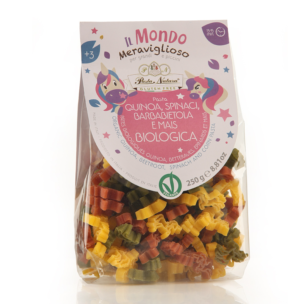 Pasta per Bambini a forma di Unicorno con Farina di Quinoa, Barbabietola, Spinaci e Mais Bio - Gluten Free e Vegan