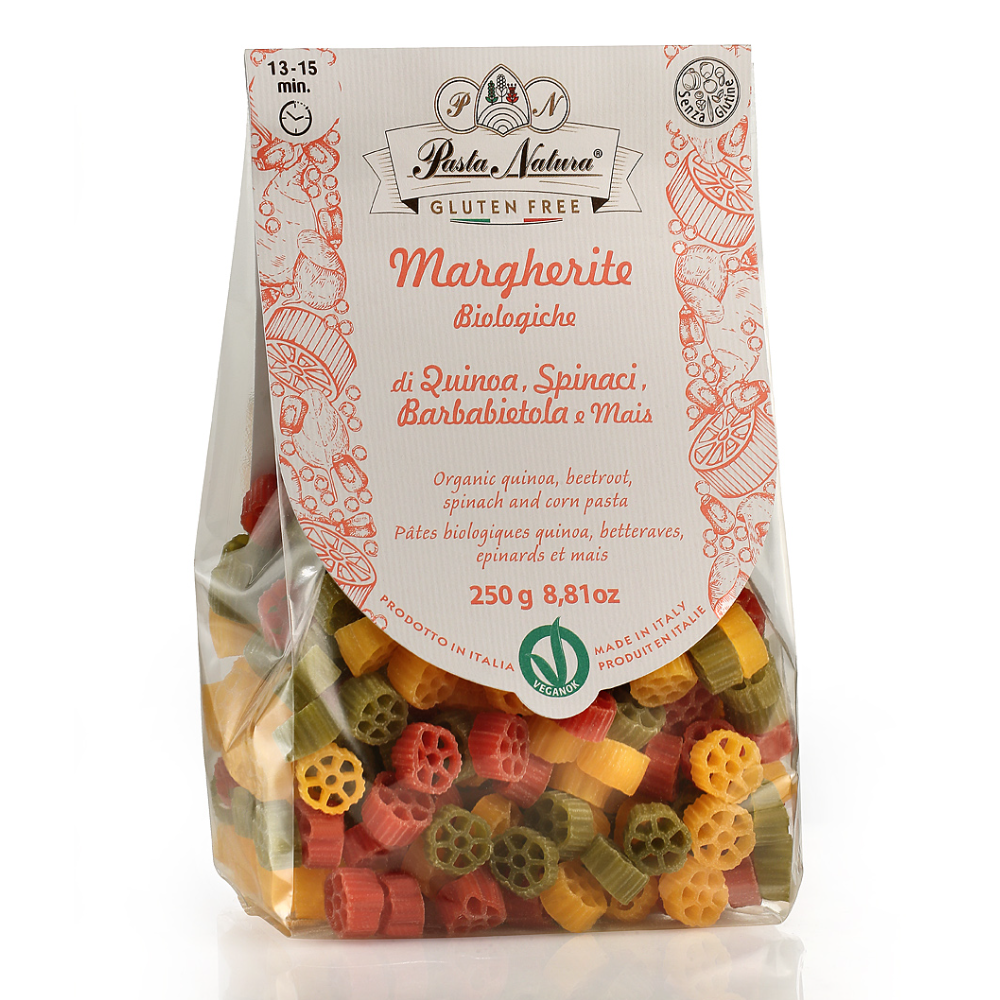 Pasta per Bambini a forma di Margherite con Farina di Quinoa, Barbabietola e Spinaci Bio - Gluten Free e Vegan