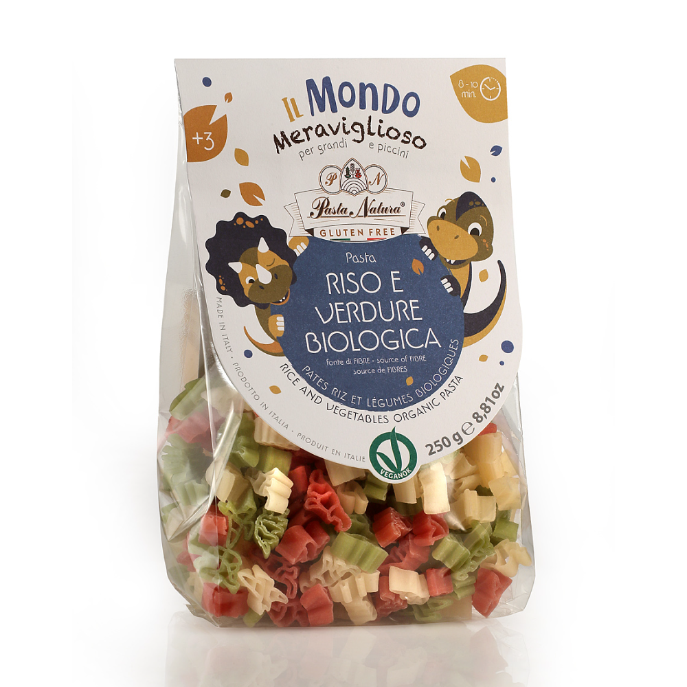 Pasta per Bambini a forma di Dinosauri con Farina di Riso Barbabietola e Spinaci Bio - Gluten Free e Vegan