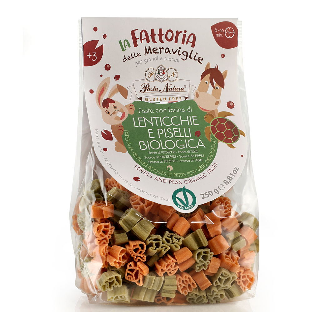 Pasta per Bambini a forma di Animaletti con Farina di Lenticchie Rosse, Piselli Verdi e Riso Integrale Bio - Gluten Free e Vegan
