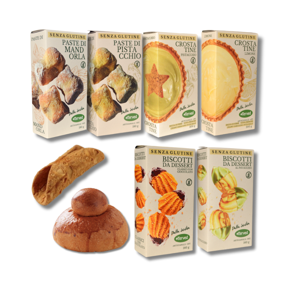 Combo Prodotti Siciliani Senza Glutine: Paste di Mandorla, Cannoli Siciliani, Brioche col Tuppo, Paste di Pistacchio, Biscotti Dessert al Pistacchio, Crostatine al Pistacchio e Crostatine al Limone