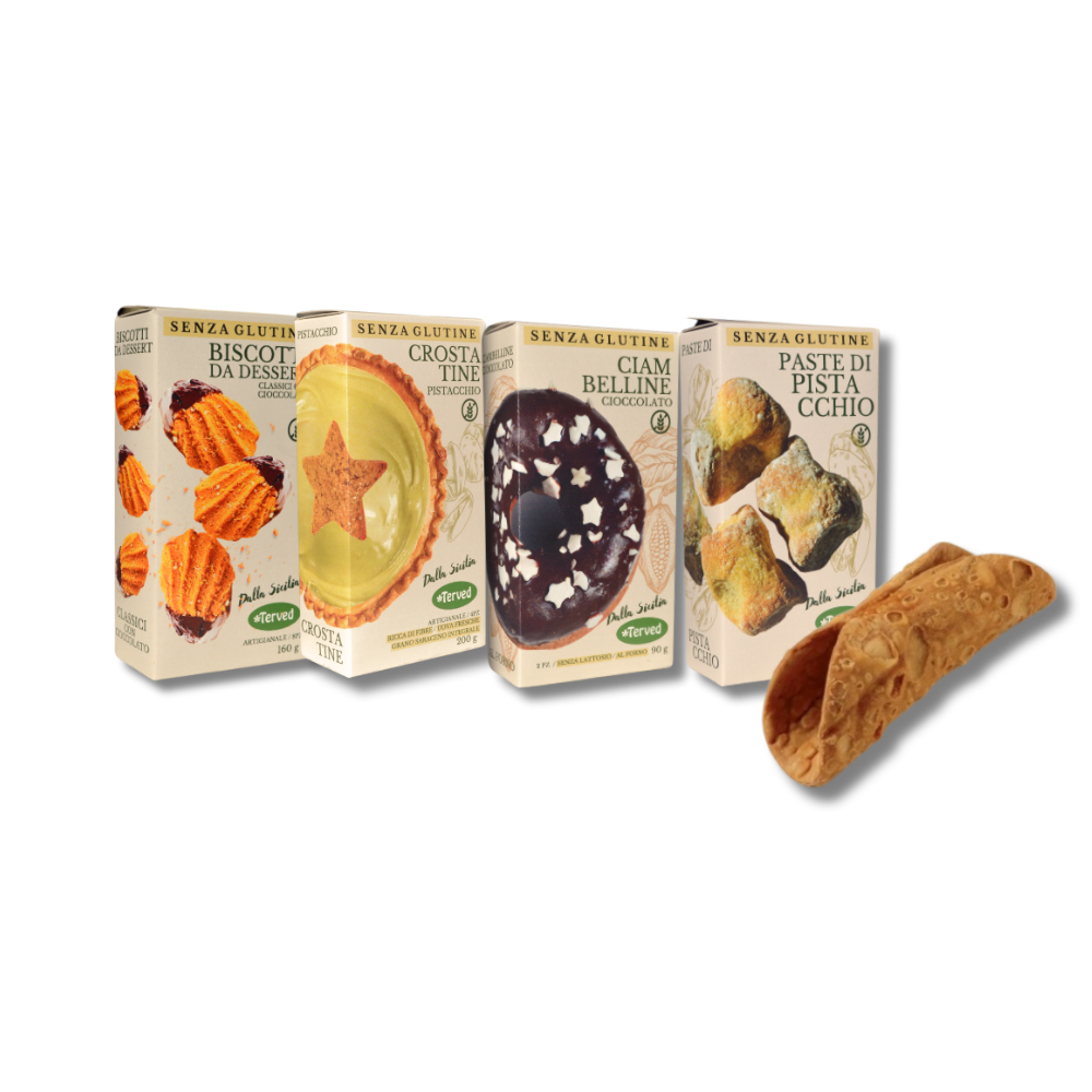 Combo di Prodotti Siciliani Senza Glutine: Crostatine al Pistacchio, Donut al Cioccolato, Paste di Pistacchio, Cannoli e Biscotti Dessert al Cioccolato