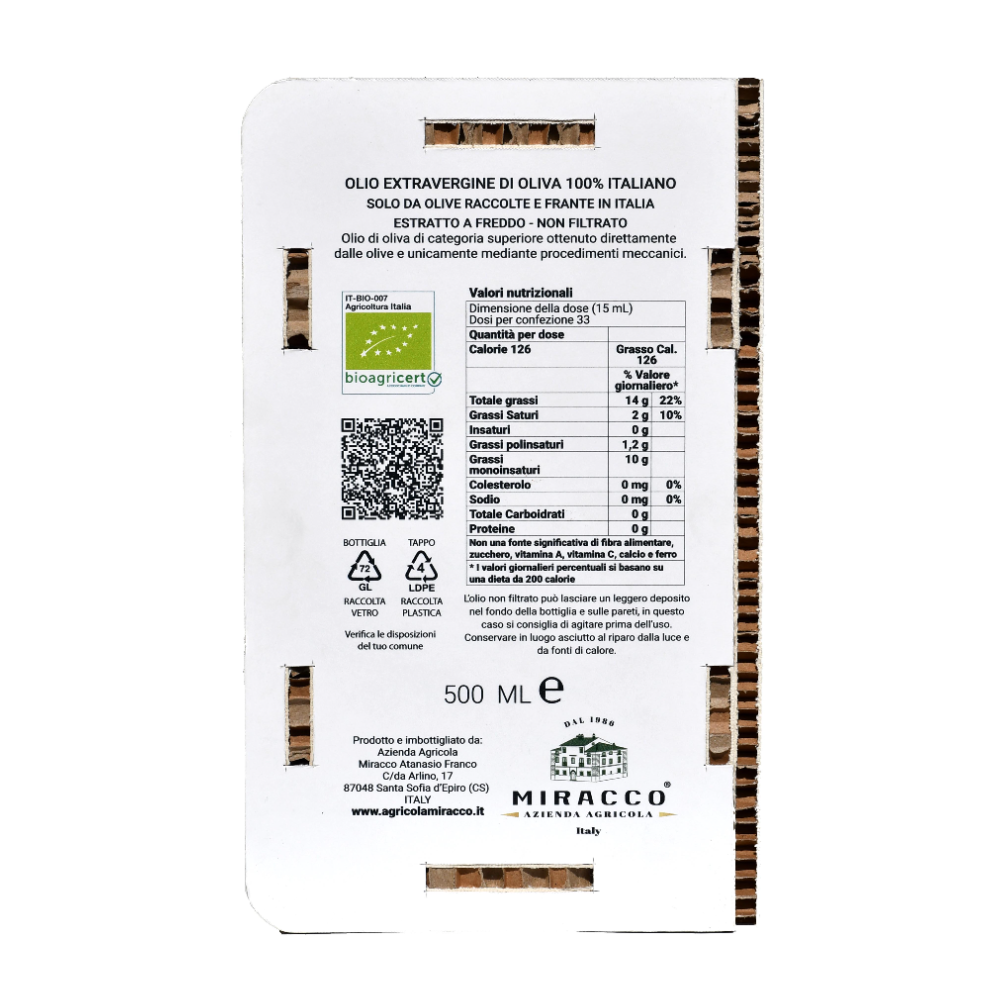 Olio Extravergine di Oliva Italiano Biologico Estratto a Freddo - 50 cl