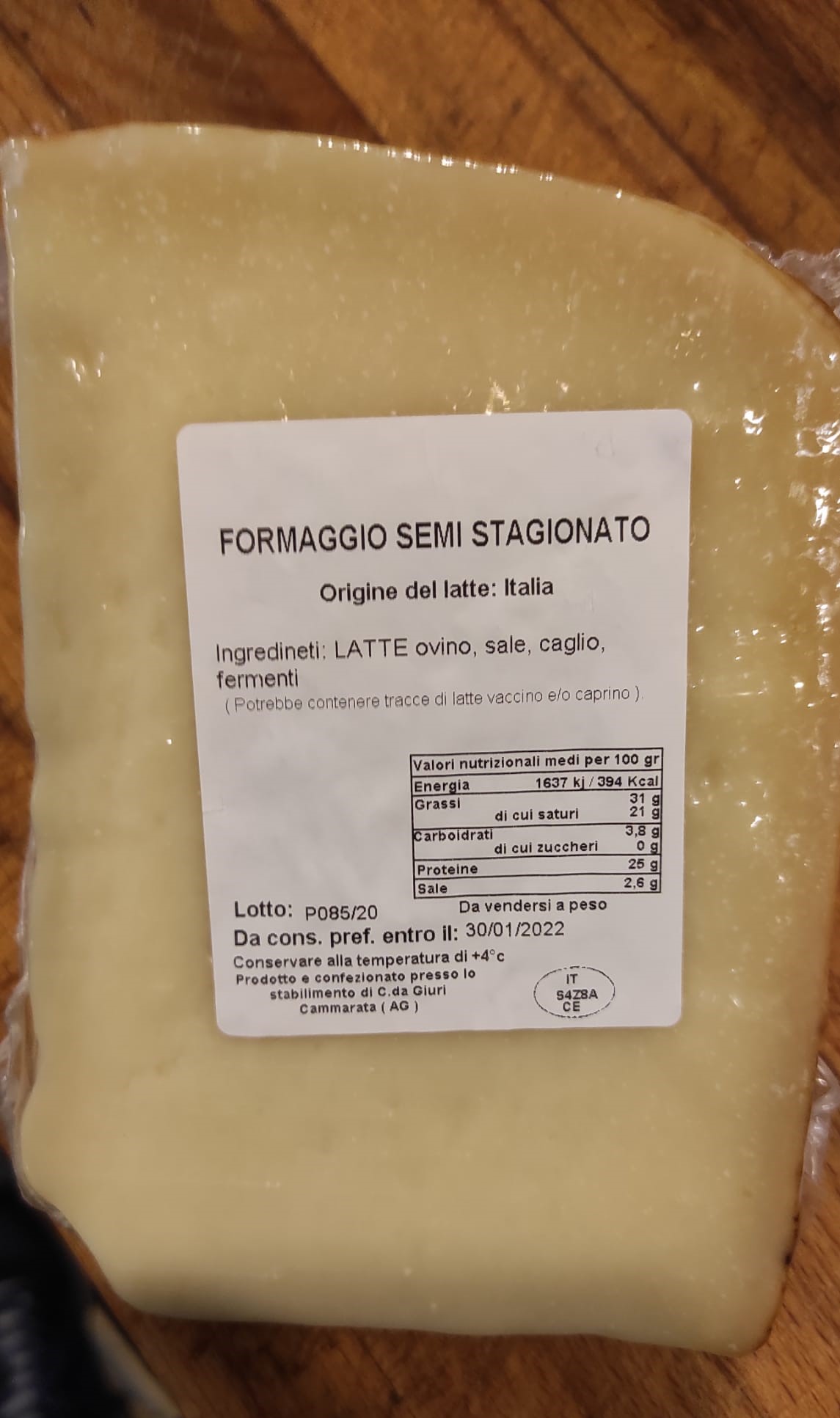 Formaggio Pecorino Siciliano a Latte Misto Semistagionato (4 - 5 mesi) - 1Kg