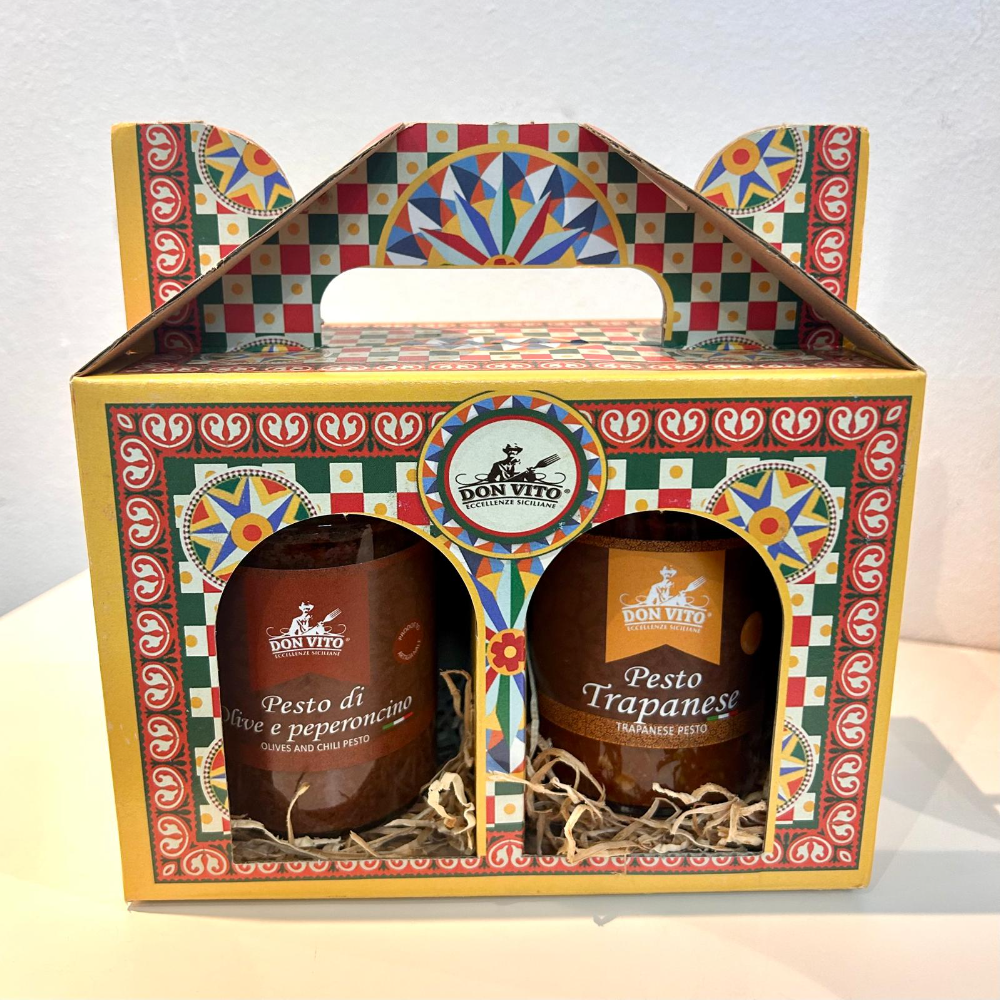 Confezione Regalo Degustazione con Pesto Trapanese e Pesto Olive e Peperoncino - 2 Barattoli da 200g