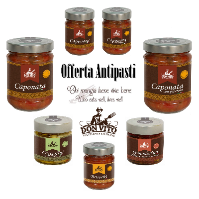 Box Antipasti - Caponata Classica, Caponata Peperoni, Buschi', Pomodorini Ciliegino Secchi sott'Olio, Cuori di Carciofi sott'Olio