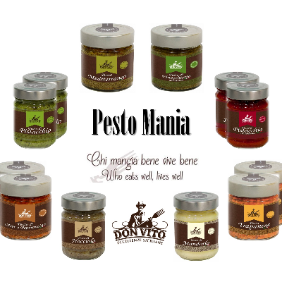 Box "Pesto Mania" - Pesto Pistacchio, Pesto Pistacchio e Pomodorini, Pesto Trapanese, Pesto Olive e Peperoncino, Pesto Finocchietto Selvatico Siciliano, Pesto Mediterraneo, Pesto Nocciole, Pesto Mandorle Siciliane