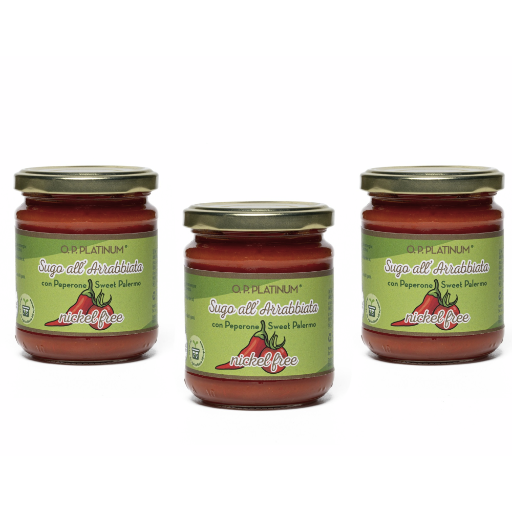 Sugo all'Arrabbiata Nickel Free con Pomodoro Italiano, Peperone Sweet Palermo Senza Conservanti - 3 Confezioni da 190g