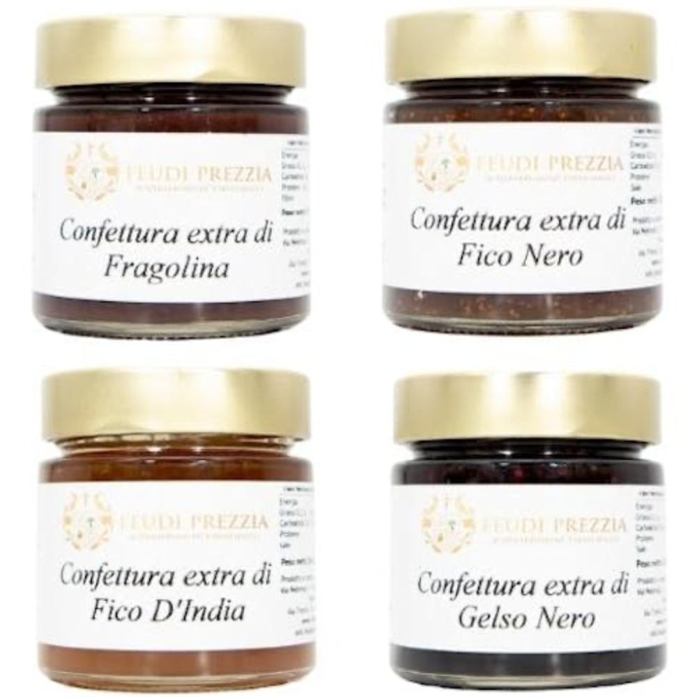 Box da 1kg di Confetture di Sicilia (Fragolina, Gelso Nero, Fico d'India e Fico Nero) - 4 Barattoli da 250g 