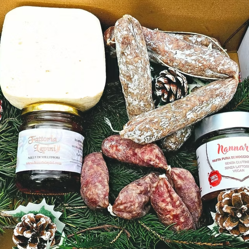 Cesto di Natale "Degustazione" - 5 Pezzi (Caciotta, Salamini, Miele Millefiori e Crema 100% di Nocciola Gentile Romana)