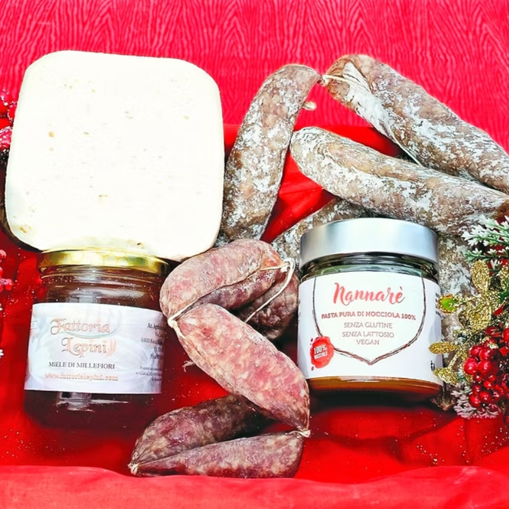 Cesto di Natale "Degustazione" - 5 Pezzi (Caciotta, Salamini, Miele Millefiori e Crema 100% di Nocciola Gentile Romana)