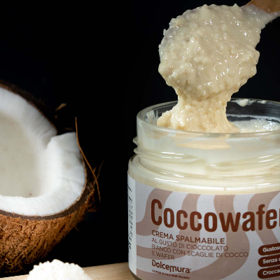 Crema Spalmabile Artigianale al Cioccolato Bianco con scaglie di Cocco e Wafer - Senza Glutine e Senza Lattosio - 250g