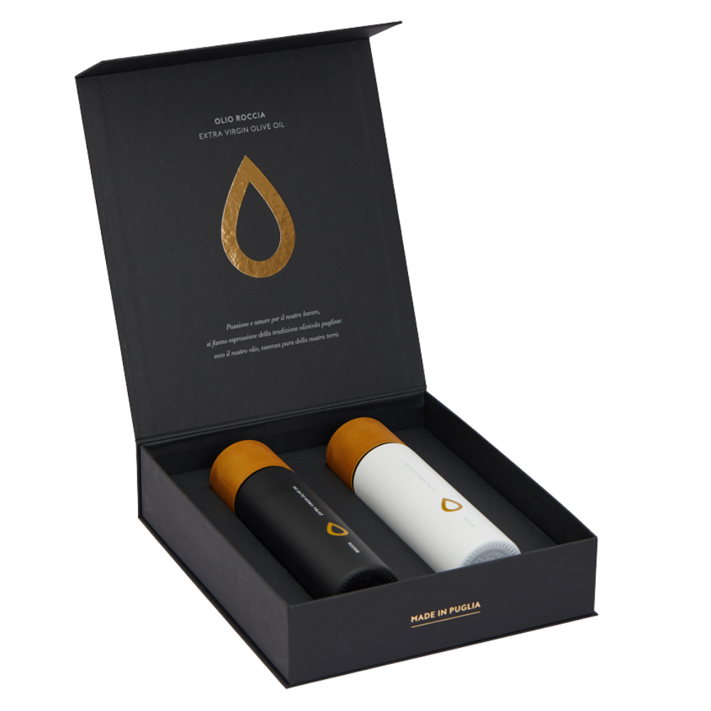 Double Box di Olio Extravergine di Oliva (2 Bottiglie: 1 Peranzana + 1 Coratina da 500 ml)