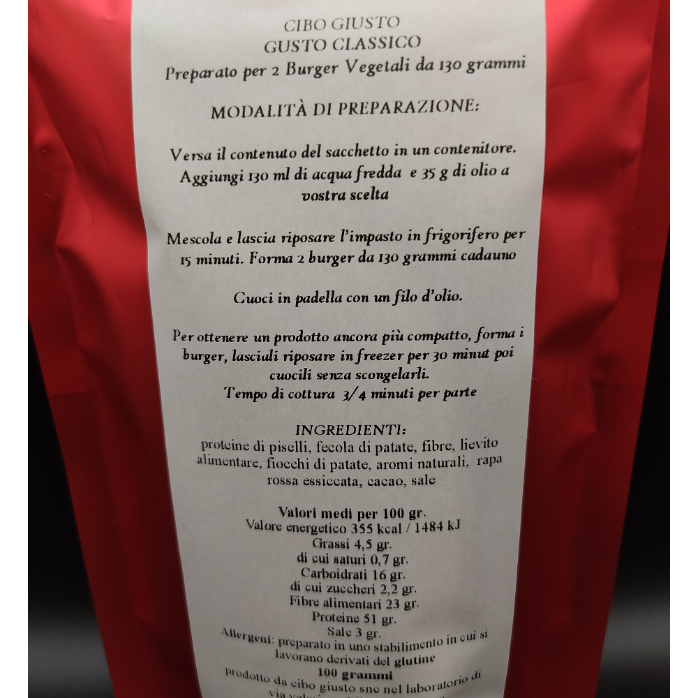 Preparato per Burger 100% Vegetali - Vegano - Gusto Classico - 100g