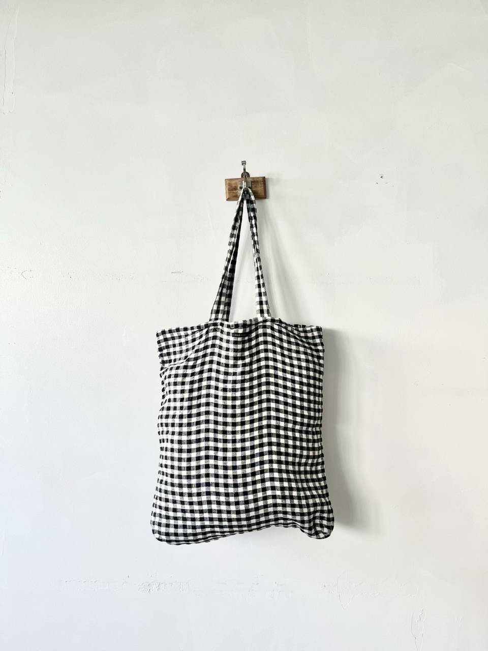 【美品】R&D.M.Co-　OLDMAN’S TAILOR　ギンガムチェックガーゼリネントートバッグ　ブラック