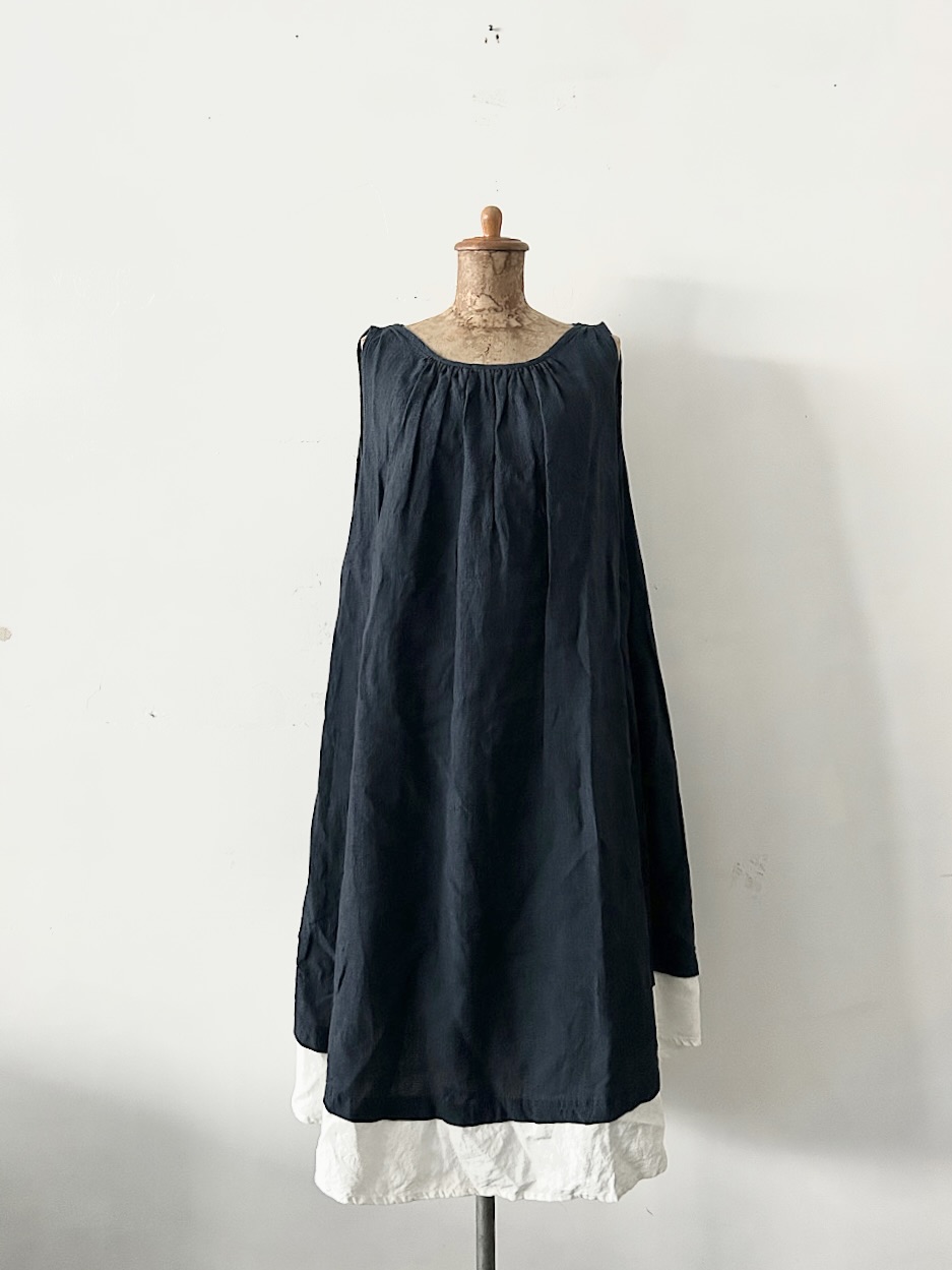 【美品】DOUBLE MAISON　千鳥柄　裾切替え　リネンワンピース　サイズF
