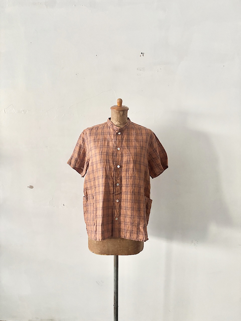 NATURAL LANDRY　バンドカラー　リネン　チェック柄　シャツ　サイズ2　
