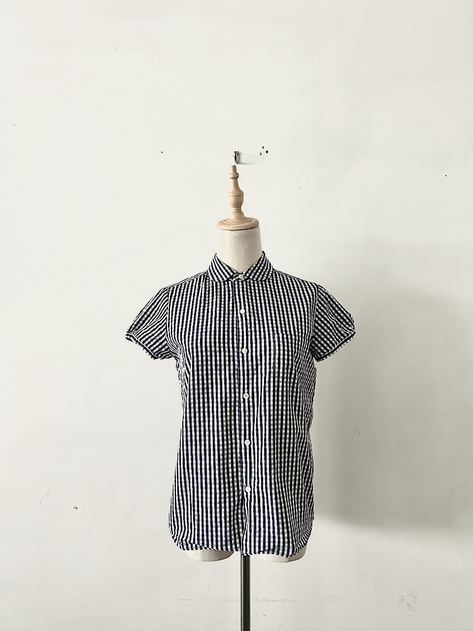 【美品】LE GLAZIK ギンガムチェック ラウンドカラー 半袖 シャツ サイズ36