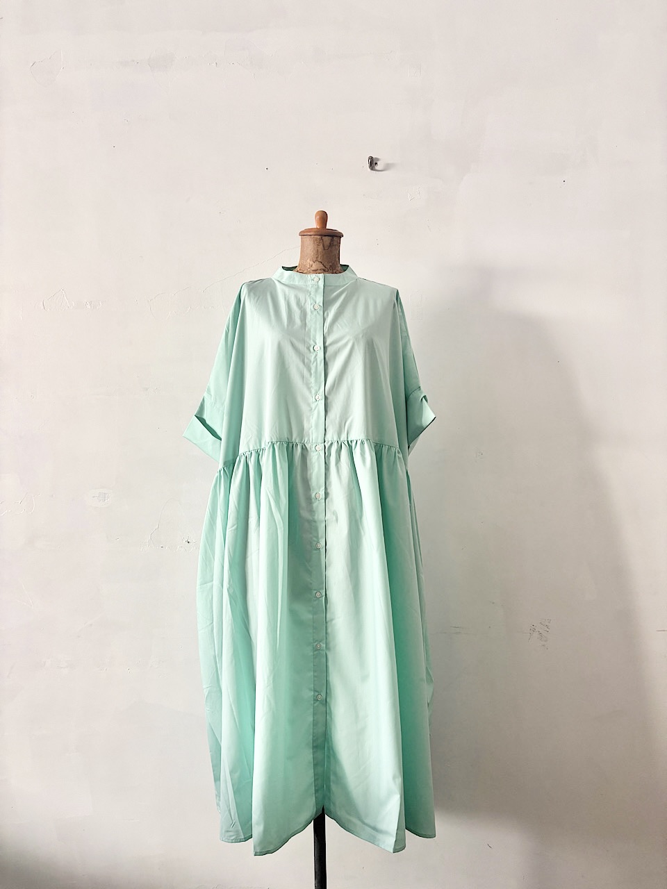 【美品】KELEN ケレン バンドカラー ギャザー ロングワンピース ミントグリーン　