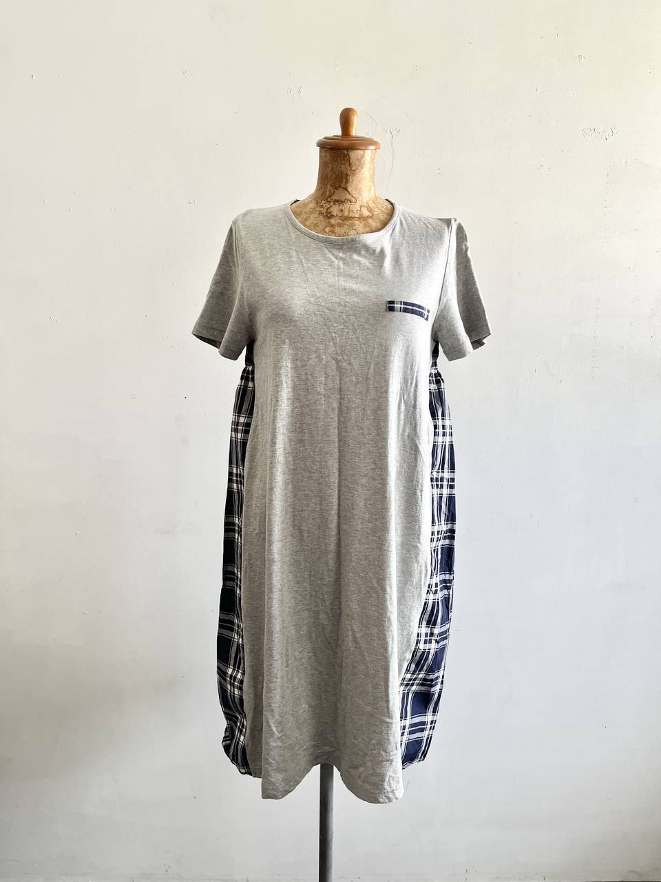 MACKINTOSH PHILOSOPHY　マッキントッシュ フィロソフィー　半袖チェック切替ワンピース　グレー・ネイビー　サイズ38