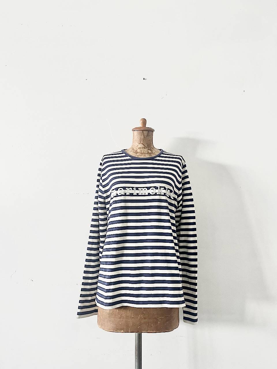 【北欧】marimekko　ロゴボーダー長袖Tシャツ　サイズL　白紺