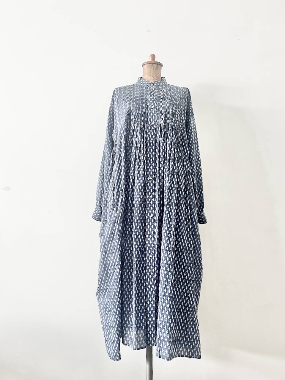 【美品】Maison de soil　80'S コットンボイルツリーブロックプリント ミニピンタック バンドシャツドレス　サイズ１