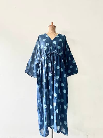 ANOKHI　ネイビー　オーガニックコットン　ドット柄ワンピース　サイズFREE 画像1
