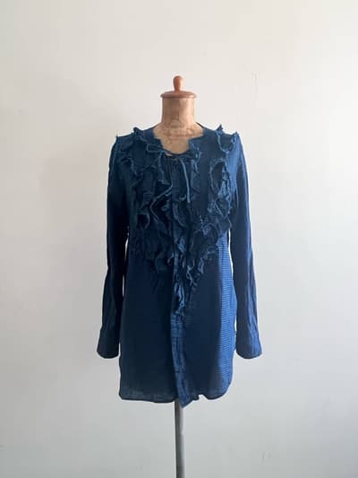 【藍染】ギンガムチェックフリルブラウス　サイズ2　Cats no die ! botanical dye .対象商品 画像1