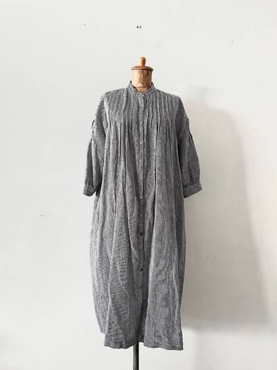 【美品】Soil　60'SPOWER LOOM LINEN MINI GINGHAMCHECK BANDED COLLAER 3/ 4SLEEVE PINTUCK DRESS   画像1