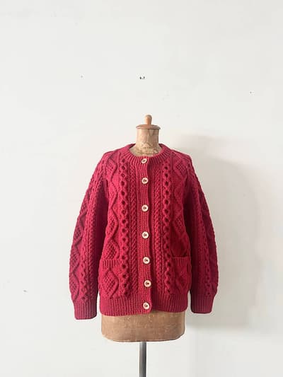 【美品】Athena Designs　クルーネックアランウールニットカーディガン 画像1