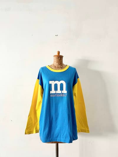 【北欧】marimekko　切替ロゴ長袖Tシャツ　青黄　 画像1