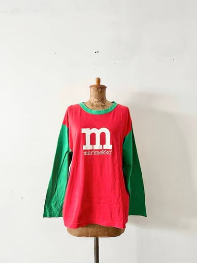 【北欧】marimekko　切替ロゴ長袖Tシャツ　赤緑 画像1