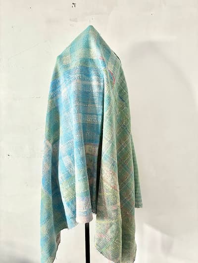 【美品】インド　ヴィンテージ　ラリーキルト　カンタ刺繍　黄緑　ミズイロ　刺し子　210・140　 画像1