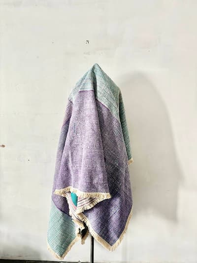 【美品】インド　ヴィンテージ　ラリーキルト　カンタ刺繍　紫　グリーン　刺し子　210・160　 画像1
