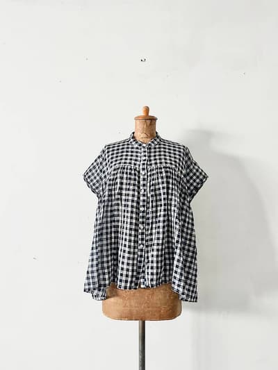 【美品】SOIL　コットン ギンガムチェック バンドカラー フレンチスリーブ シャツ　サイズ１　紺白 画像1