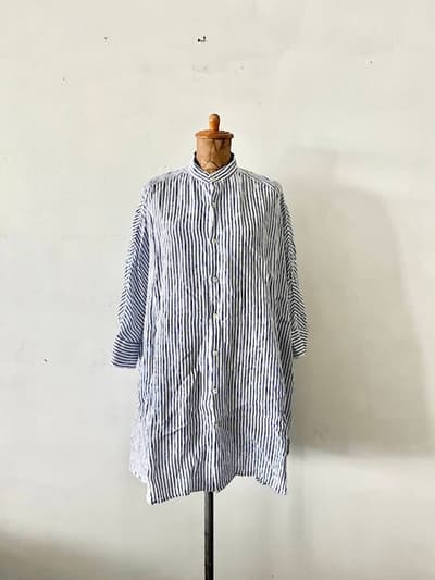 【美品】plateau　ノーカラー　ストライプシャツ　リネン　 画像1