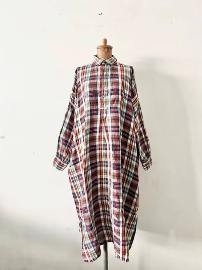 【美品】45R　インドリネンマドラスビッグドレス 画像1